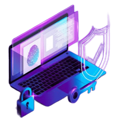 Illustration maintenance PrestaShop représentant un ordinateur portable avec interface d'authentification biométrique (empreinte digitale). Des éléments de sécurité l'entourent : cadenas, clé et bouclier, symbolisant la protection et la maintenance sécurisée des boutiques PrestaShop. L'ensemble évoque les services techniques et de sécurisation pour les sites e-commerce.