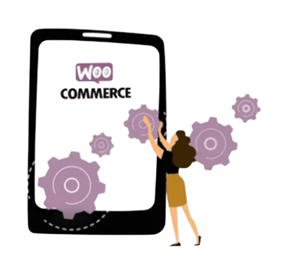 Illustration maintenance WooCommerce montrant une femme interagissant avec un smartphone géant affichant le logo WooCommerce. Des engrenages violets flottent autour de l'appareil, symbolisant les opérations de maintenance technique, mise à jour et optimisation des boutiques WooCommerce.